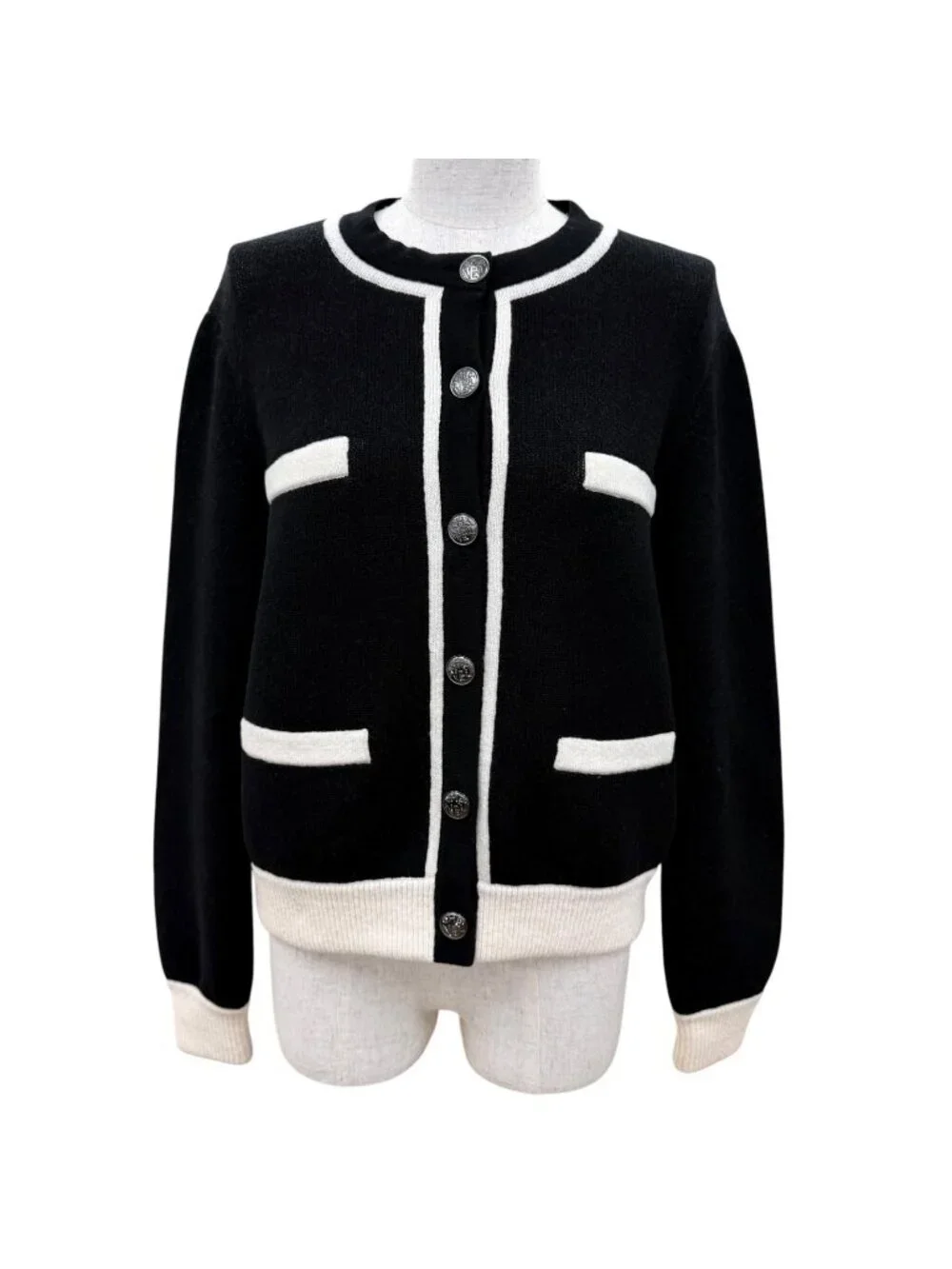 Chanel Cashmere Silk CC Logo Button Rhinestone Knit Cardigan Black White 40